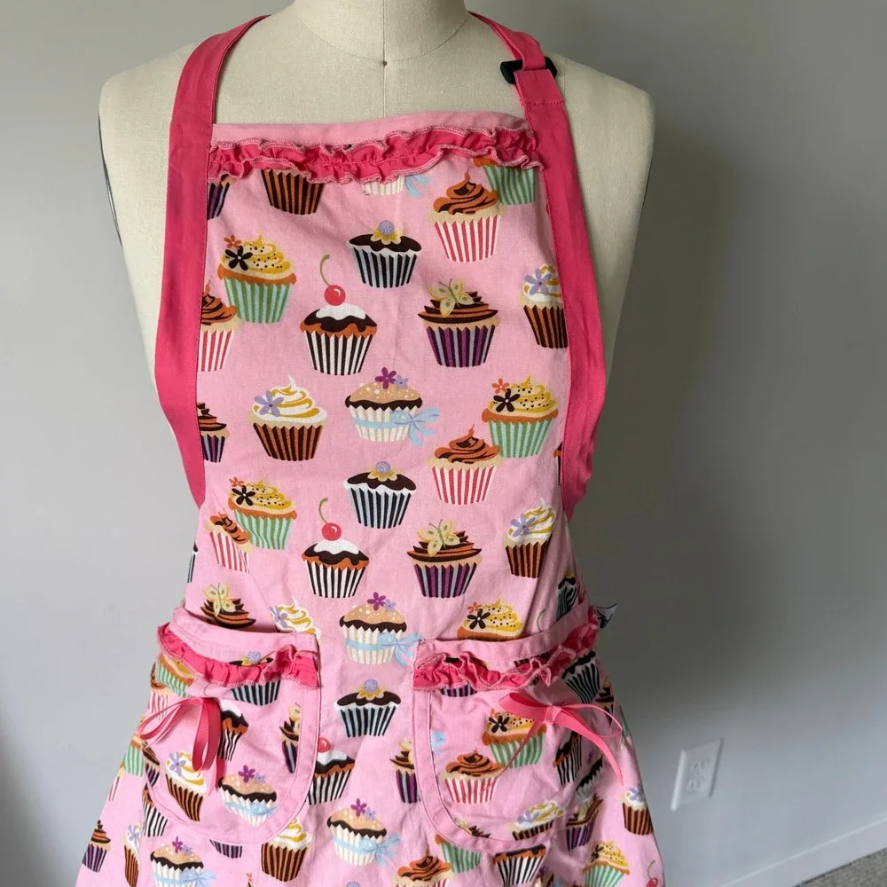 Apron Elegance Pink Cupcake Ruffle Bib Apron 100% Cotton Pockets Retro Feminine